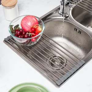 Égouttoir à Vaisselle Pliable en Acier Inoxydable pour Évier de Cuisine Tapis Égouttoir Enroulable Étagère de Rangement Polyvalente