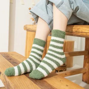 Women fuzzy striped socks cozy winter thermal coral fleece sleep floor socks home wear