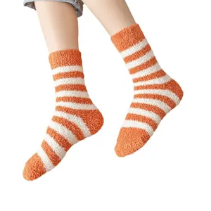 Cozy coral fleece striped socks for women, soft fuzzy mid-tube sleep floor socks winter.