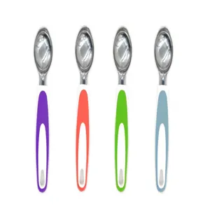 Stainless steel ice cream scoop set with colorful handles, detail view of four assorted kitchen tools.