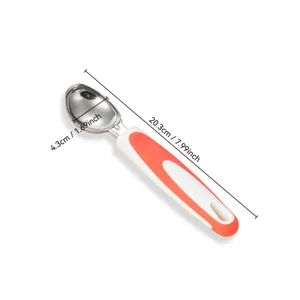 Stainless steel ice cream scoop detail featuring dimension labels and ergonomic handle.