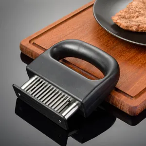 Stainless steel 48 needle meat tenderizer for beef steak and kitchen cooking tool details.