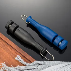 Close-up detail view of portable dual stage knife sharpener with hanging bead chain