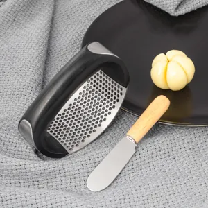 Stainless steel ring garlic press set with butter knife, essential kitchen gadget for home cooking.