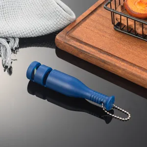 Close-up detail of portable two-stage knife sharpener with blue handle and hanging chain.