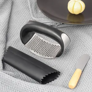Stainless steel curved garlic press set with silicone peeler for kitchen cooking tools