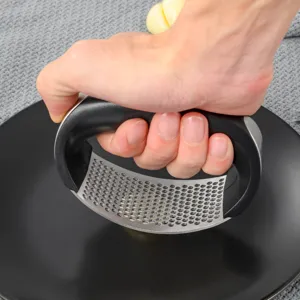 Stainless steel garlic press detail showing ergonomic handle and efficient crushing holes.