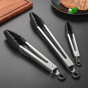 Set di 3 pinze da cucina in acciaio inossidabile con punte in silicone per barbecue