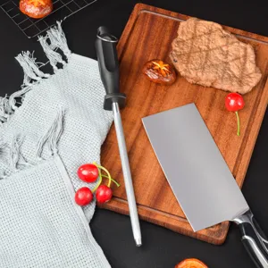 Carbon steel knife sharpener rod detail view, essential kitchen tool for honing chef knives