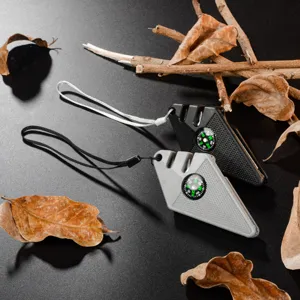Mini outdoor multi-functional sharpener with built-in compass and lanyard for camping hiking.