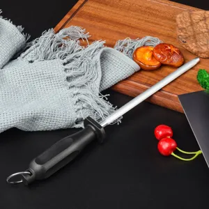 Carbon steel kitchen knife sharpener rod with ergonomic black handle for home cooking use