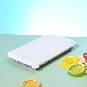 Vue de detail du bac a glacons en silicone, moule souple avec couvercle pour demoulage facile.