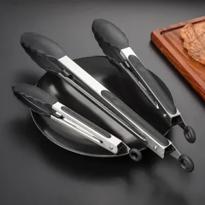 Set di pinze da cucina in silicone e acciaio inossidabile, strumenti per barbecue resistenti.