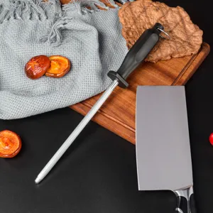 Detailed view of carbon steel kitchen knife sharpening rod with ergonomic black handle for home use.