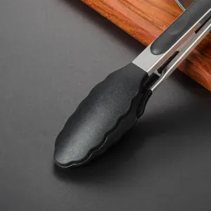 Pinza da cucina in acciaio inossidabile con punte in silicone nero per barbecue e cottura.