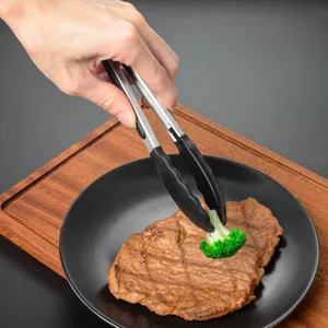Pinza da cucina in acciaio inossidabile con punte in silicone nero per barbecue cottura