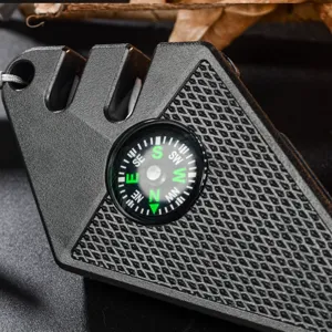 Portable outdoor mini knife sharpener with integrated compass, multi-functional tool for camping, hiking.