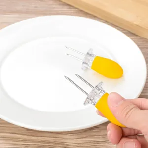 Stainless steel corn forks BBQ skewers double prong holders kitchen tool yellow handle