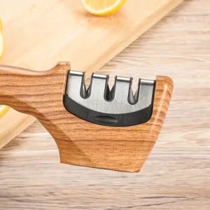 Portable wooden grain kitchen knife sharpener with multi-stage sharpening slots for home use.