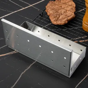 Stainless steel BBQ smoker box for outdoor grilling, heavy duty wood chip box with holes.