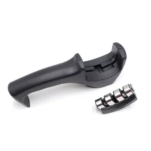 Manual kitchen knife sharpener with metal rolling wheels and durable black plastic handle.
