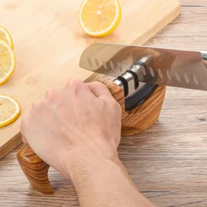 Portable rolling knife sharpener with wooden grain finish for kitchen use detail view.