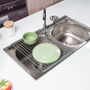 Stainless steel roll-up dish drying rack kitchen sink drainer shelf detail view