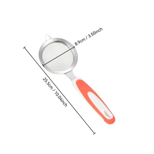 Stainless steel fine mesh kitchen strainer with orange handle, baking tool with dimensions.