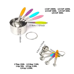 Stainless steel measuring cups and spoons set with colorful silicone handles for baking cooking.