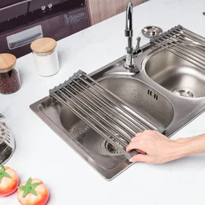 Stainless steel silicone roll up dish drying rack for kitchen sink, foldable design organizer.