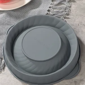 Detailed closeup of the grey silicone folding bowl bottom, high temperature resistant material.