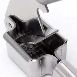Close-up detail of stainless steel garlic press kitchen tool with pressing plate and holes