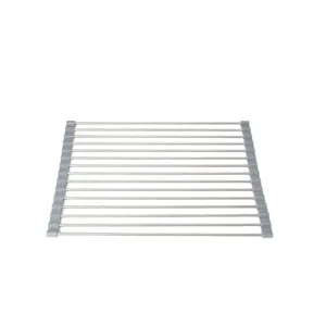 Stainless steel roll up dish drying rack with silicone edges for kitchen sink organization.