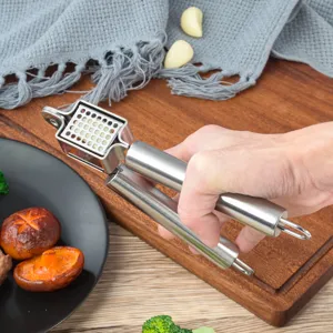 Stainless steel manual garlic press with ergonomic handles and efficient mashing holes.