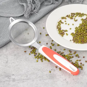 Stainless steel mesh strainer with comfortable plastic handle for baking, flour sifting and filtering.