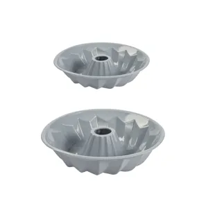 Silicone bundt cake mold set, grey spiral baking pan for homemade pastries and desserts.