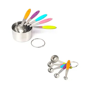 Stainless steel measuring cups and spoons set with colorful silicone handles for kitchen baking.