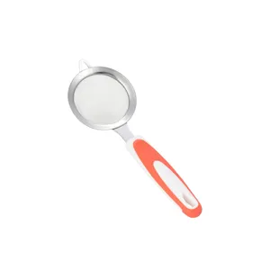 Stainless steel fine mesh flour sifter kitchen strainer with ergonomic handle for baking.
