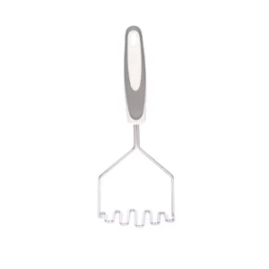 Presse-puree en acier inoxydable avec poignee ergonomique grise pour la cuisine.