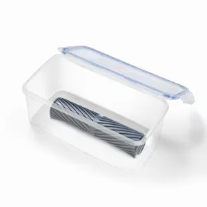Transparente Kunststoff-Aufbewahrungsbox mit grauem Silikon-Abtropfmatte für die Küche.