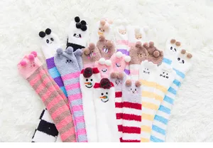 Cute 3D animal coral fleece fuzzy socks for women, winter warm striped thick cozy sleep calf stockings.