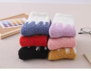 Winter thick coral fleece spliced women home sleep socks, soft warm cozy winter detail.