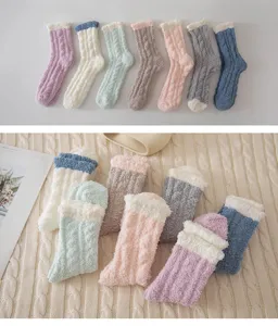 Cozy winter coral fleece fuzzy socks with cable knit design, thick thermal home sleep socks.