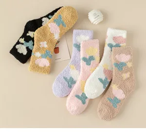 Winter cozy coral fleece fuzzy socks with cute tulip and cloud patterns for warm home sleep.