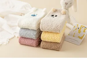 Fluffy coral fleece cute bear ears winter warm sleeping socks soft thick cozy indoor home wear