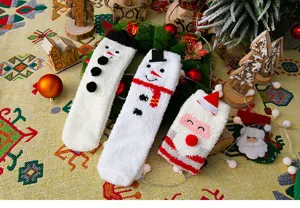 Cozy Christmas coral fleece winter socks detail, cute snowman and Santa warm thermal socks.