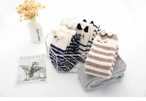 Winter thick coral fleece striped cute animal sleep socks women cozy warm home floor socks