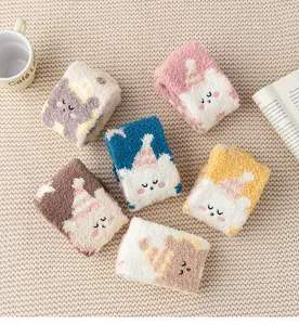 Thickened fuzzy coral fleece socks for women, cute winter warm sleep socks with cartoon bear.