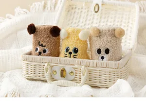 Cute animal embroidered coral fleece socks for autumn and winter, warm home sleeping socks.