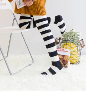 Winter women coral fleece striped over knee socks cozy warm thick sleep floor socks